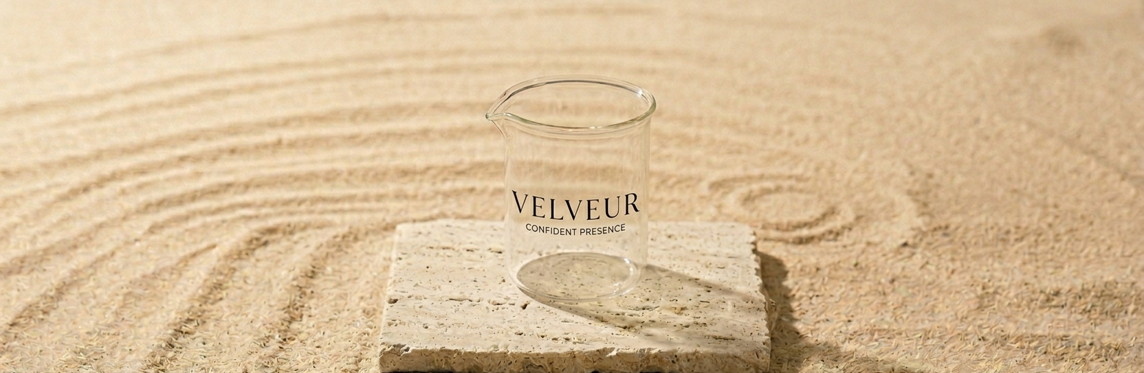 Clear container with 'Velveur' branding on a sandy surface